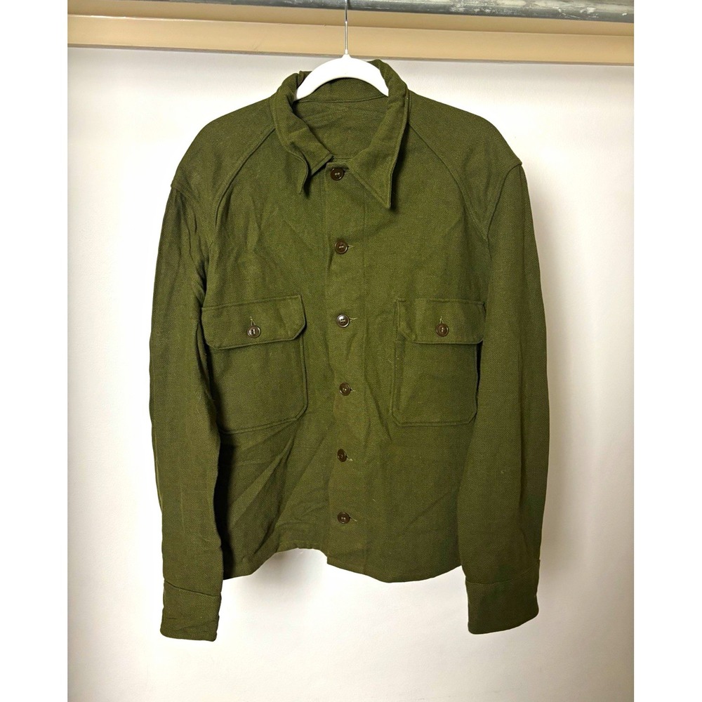 Vintage 1960s Military Field Shirt Jacket Olive Drab OG 108 Wool Blend Large